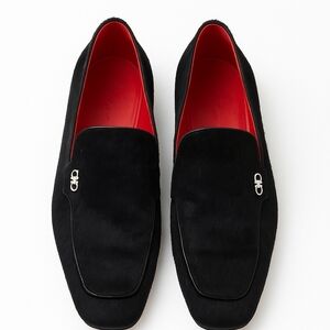 Salvatore Ferragamo Black Horse Hair Loafers with Vibrant Red Interior